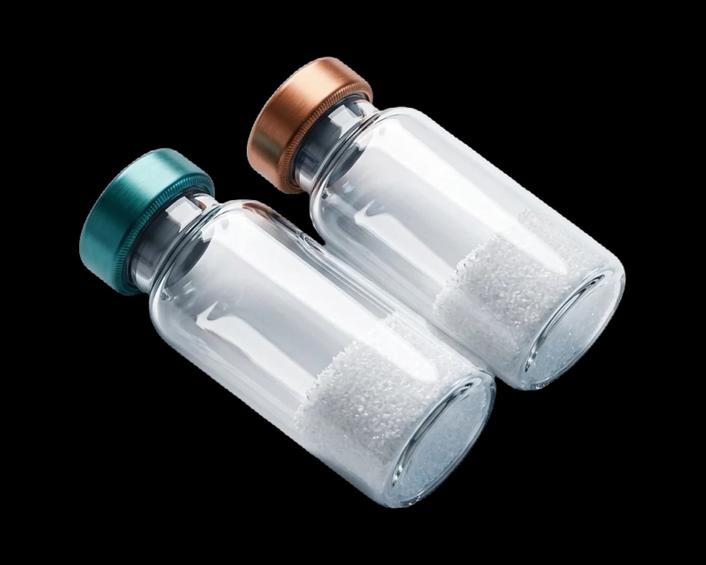 Two clear glass research vials of lyophilized powder with teal and copper crimp caps